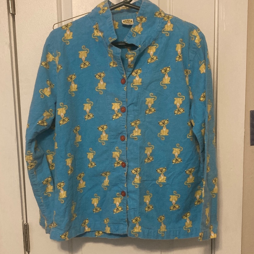 Blue Pajama Set with Yellow Cat Print